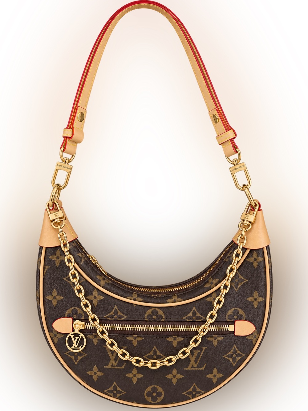 Louis Vuitton Monogram Crescent Shoulder Bag with Red-Trim Strap and Gold Chain - Picture 2 of 8